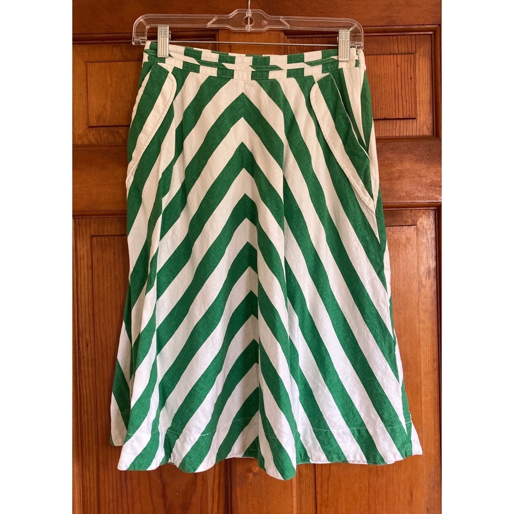 Anthropologie Postmark Womens 2 Green Chevron Striped Linen Blend A-Line Skirt